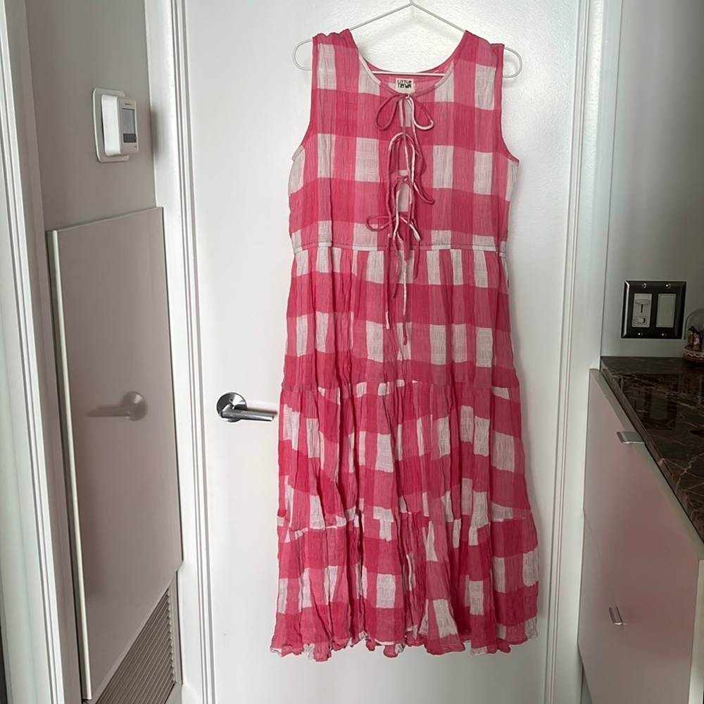 Little Tienda Slow Fashion Pink and White Checkered Sleeveless Dress